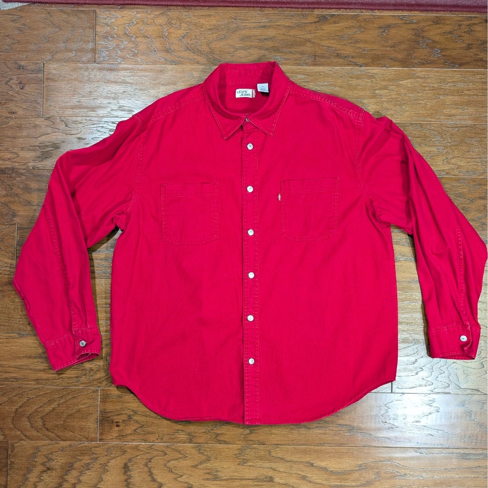 Levis Mens XL 24.5x30 Red Long Sleeve Button Down Cotton Denim Twill Work Shirt